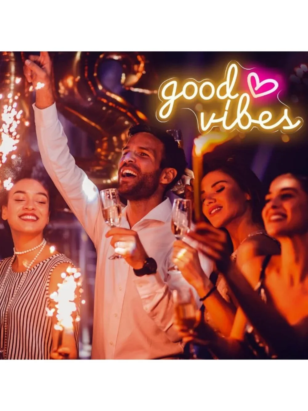 Good Vibes Neon Wall Sign - 16x8in USB LED Light for Bedroom, Party, Home Decor